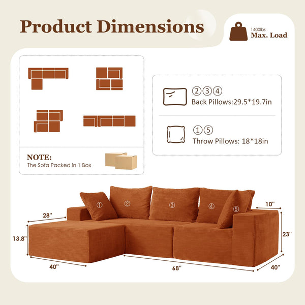 108" Cloud Sectional Sofa with Deep Seat & Movable Ottoman