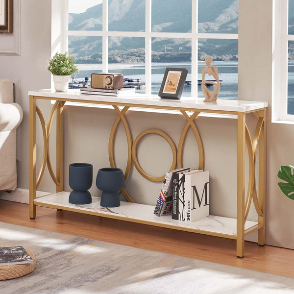 2-Tier Console Table with Faux Marble Top & Metal Frame