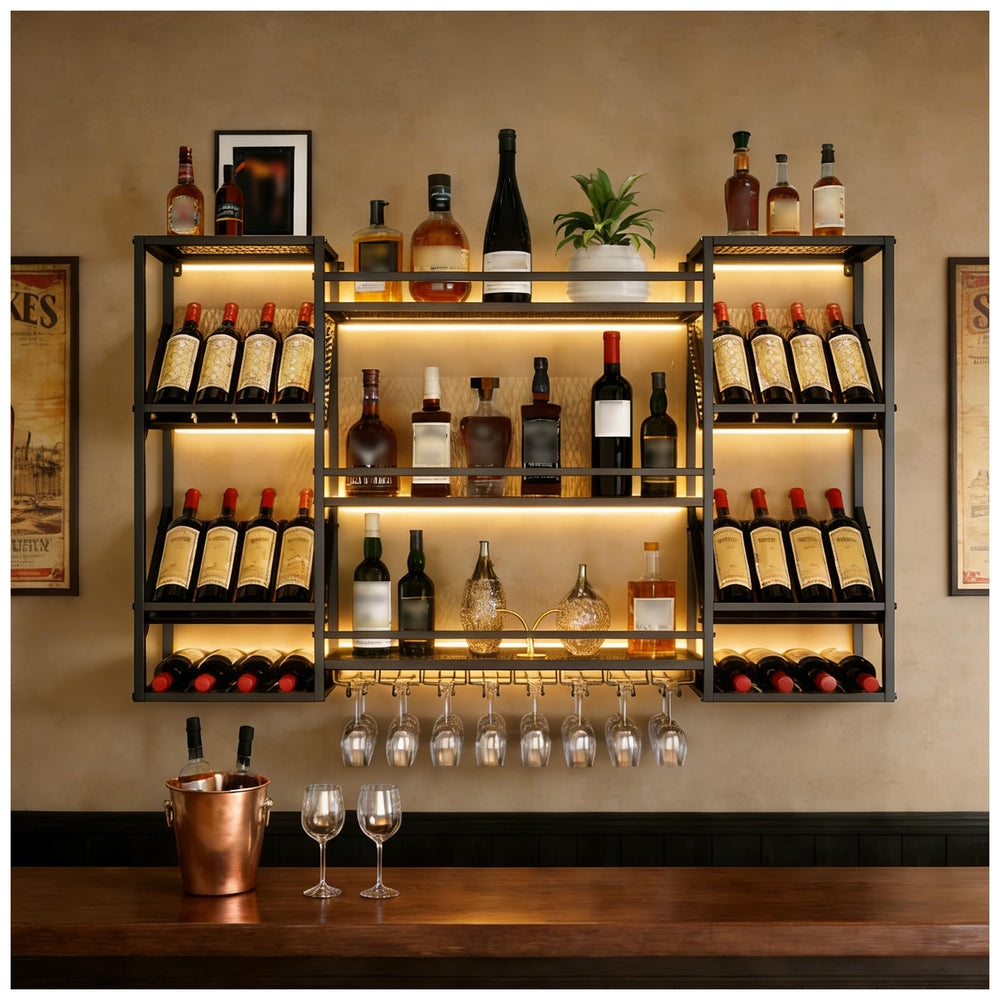 Wall Mounted Wine Rack with Glass Holder & Floating Bar Shelves