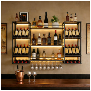 Wall Mounted Wine Rack with Glass Holder & Floating Bar Shelves