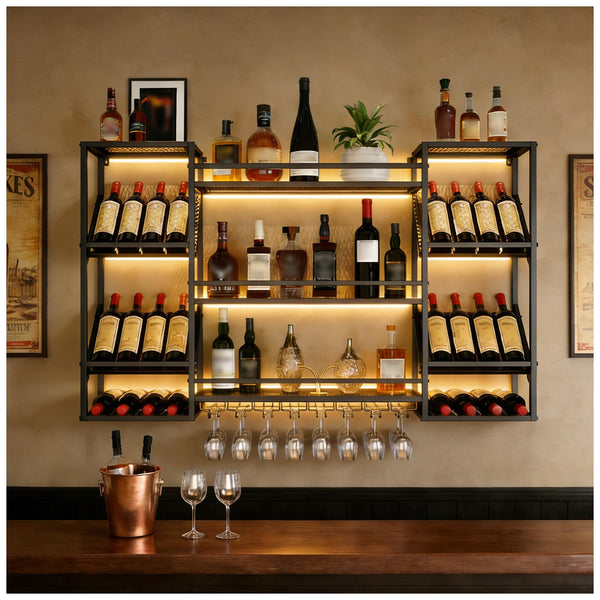 Wall Mounted Wine Rack with Glass Holder & Floating Bar Shelves