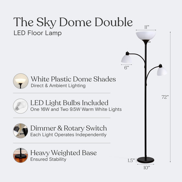 Sky Dome Double LED Torchiere Floor Lamp with Reading Arms