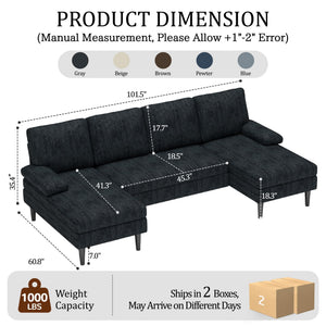U-Shaped Sectional Sofa with Double Chaise Lounge, 101" Chenille 4-Seat Couch
