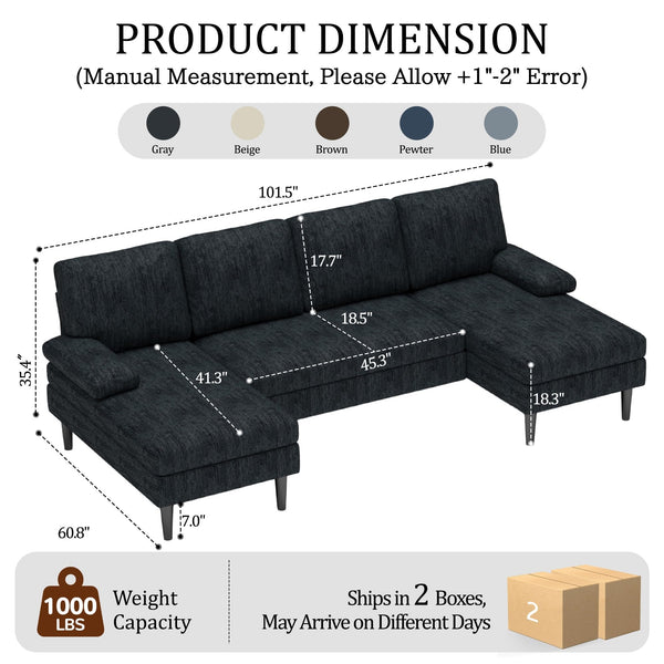 U-Shaped Sectional Sofa with Double Chaise Lounge, 101" Chenille 4-Seat Couch