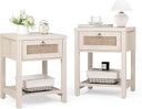 Rattan Farmhouse Nightstand Set of 2 with Drawer and Open Shelf