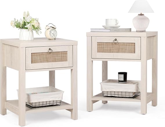 Rattan Farmhouse Nightstand Set of 2 with Drawer and Open Shelf