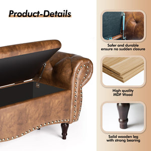 Upholstered Storage Ottoman Bench with Rolled Arms & Nailhead Trim