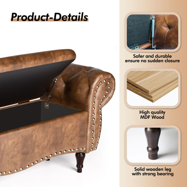 Upholstered Storage Ottoman Bench with Rolled Arms & Nailhead Trim