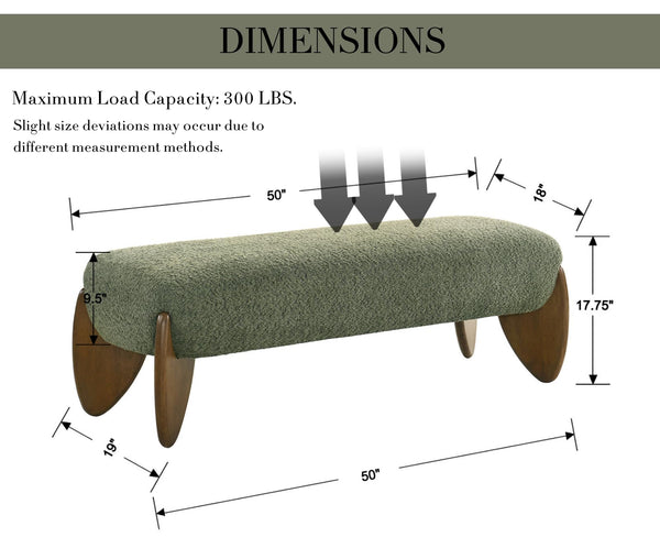 Bouclé Upholstered Bench with Scalloped Wooden Legs – 50 Inch