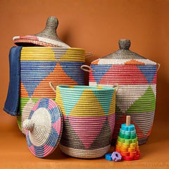 Colorful Wicker Basket with Hooded Lid & Rope Handles