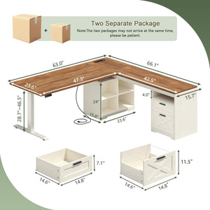 L-Shaped Electric Standing Desk with Drawers, Storage Shelves & Power Outlets, 66 Inch Corner Height Adjustable Computer Desk