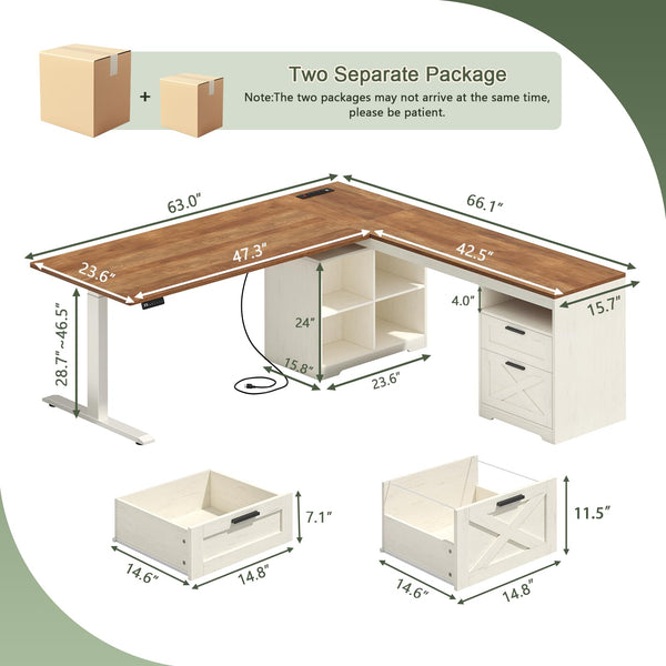 L-Shaped Electric Standing Desk with Drawers, Storage Shelves & Power Outlets, 66 Inch Corner Height Adjustable Computer Desk