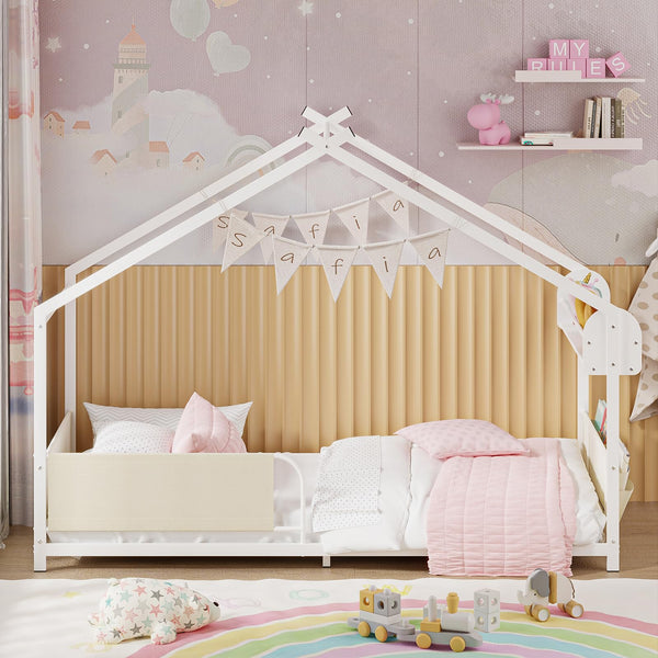 Kids House Bed Frame Twin Size with Storage Rack and Caddy