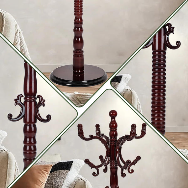 Wooden Coat Rack Stand with 14 Hooks, Adjustable Height