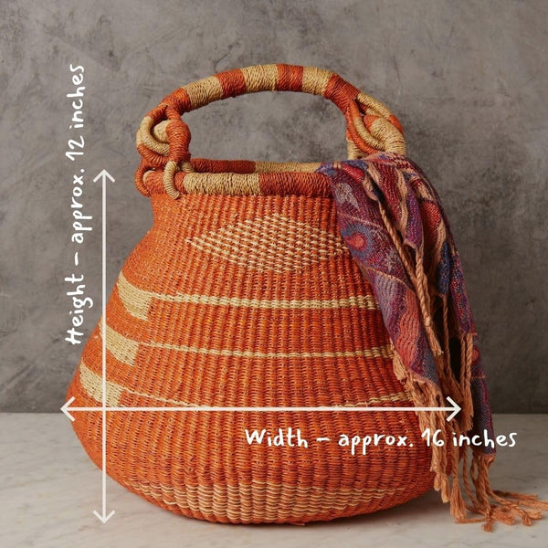 Handwoven Bolga Pot Basket with Handle – 16 Inch Wide Storage Basket
