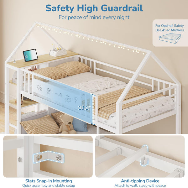 Twin Low Bunk Bed with Storage Drawers & House Design