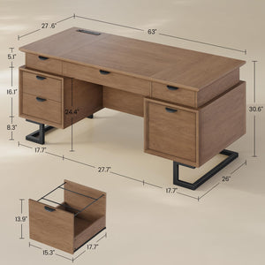 63 Inch Executive Desk with Charging Station, 6 Drawers, File Drawer & Keyboard Tray