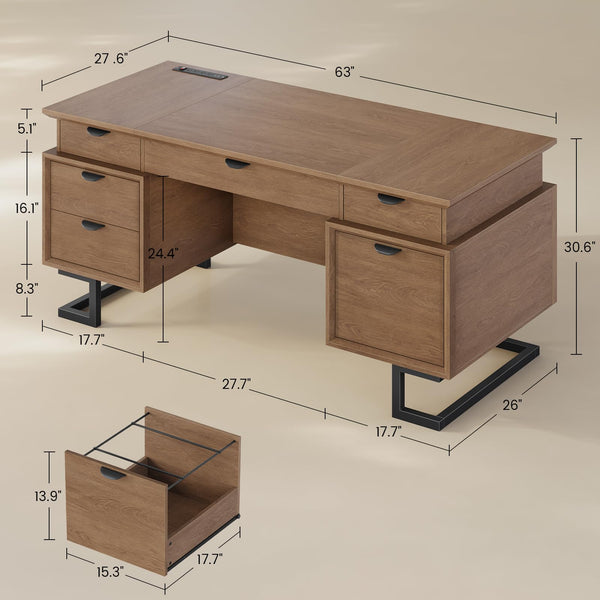 63 Inch Executive Desk with Charging Station, 6 Drawers, File Drawer & Keyboard Tray