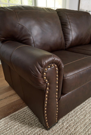 Traditional Leather Match Sofa with Nailhead Trim, Dark Brown