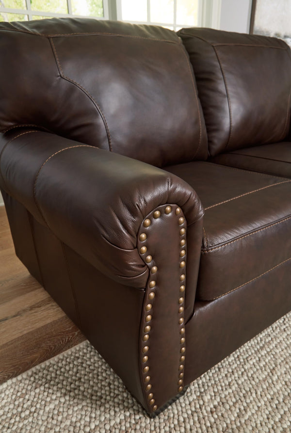 Dark Brown Leather Loveseat with Nailhead Trim