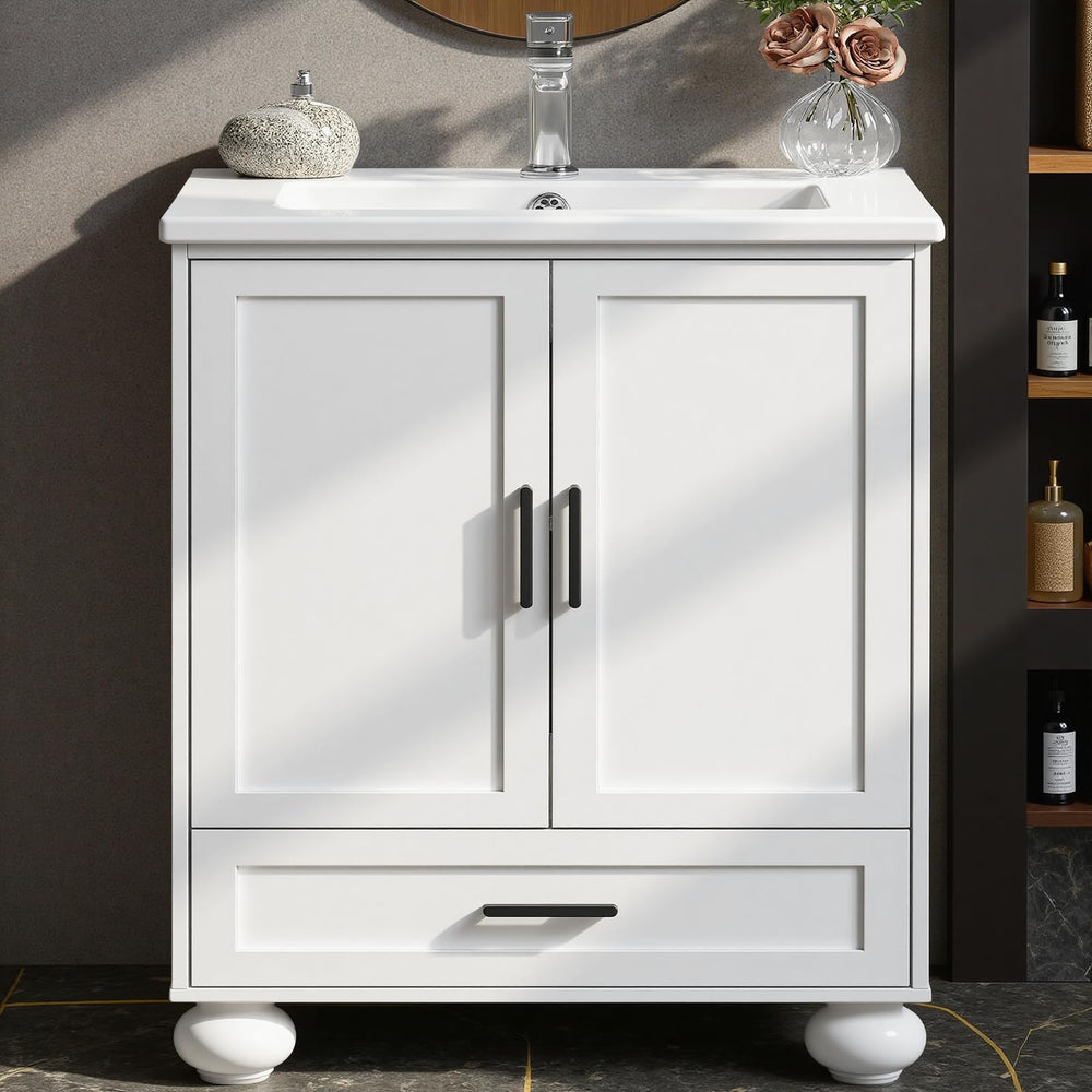 24" Bathroom Vanity with Ceramic Sink, 2 Doors, 1 Drawer & Solid Wood Legs – White
