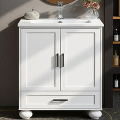 24" Bathroom Vanity with Ceramic Sink, 2 Doors, 1 Drawer & Solid Wood Legs – White