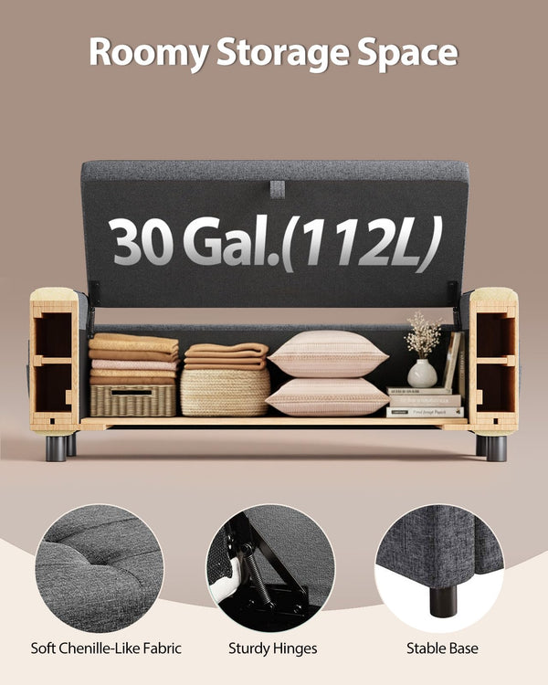 Storage Ottoman Bench with Hidden Compartment & Side Pocket