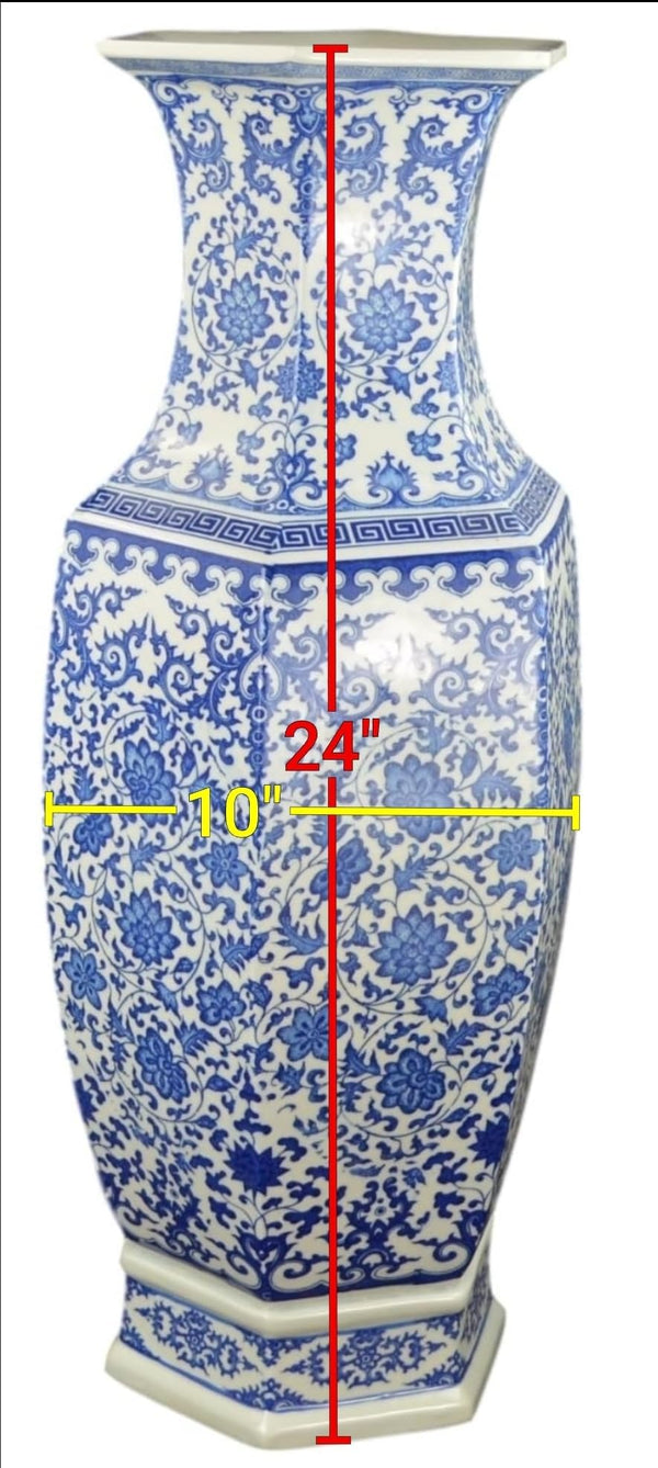 Large Hexagonal Blue and White Porcelain Lotus Vase
