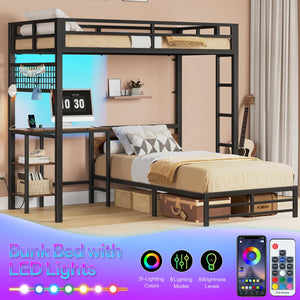 Twin Over Twin L-Shaped Bunk Bed with Desk, LED Lights & Stairs