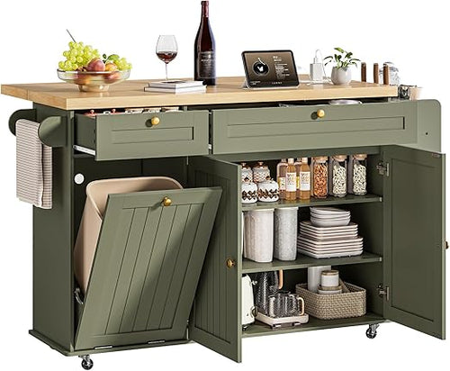 Kitchen Island with Power Outlet & Drop Leaf