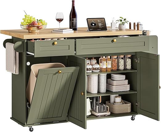 Kitchen Island Cart with Drop Leaf & Power Outlet