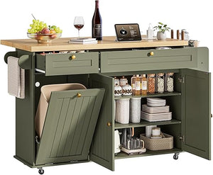 60" Kitchen Island Cart with Power Outlet & Drop Leaf