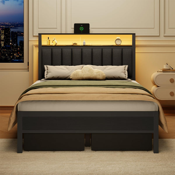 Platform Bed Frame with LED Lights, Charging Station & Storage Drawers