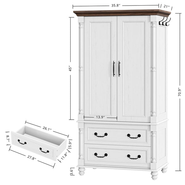 Farmhouse Armoire Wardrobe with 2 Doors & 2 Drawers – Freestanding Bedroom Closet Cabinet