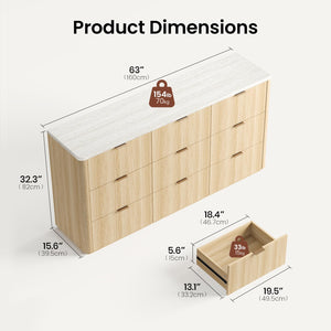 9-Drawer Wide Dresser with Faux Travertine Top
