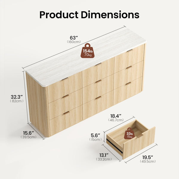 9-Drawer Wide Dresser with Faux Travertine Top