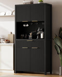 Fluted Pantry Cabinet with Charging Station, Adjustable Shelves & Storage Drawers