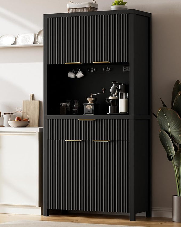 Fluted Pantry Cabinet with Charging Station, Adjustable Shelves & Storage Drawers