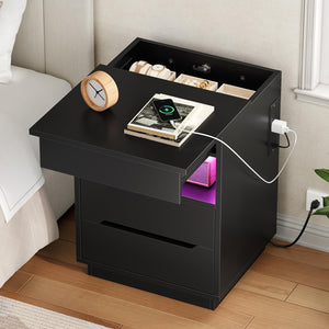 Nightstand with Charging Station, LED Light, Lockable Compartment & Drawers