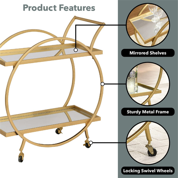 2-Tier Rolling Bar Cart with Mirror Shelves