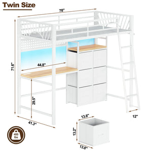 Twin Loft Bed with Desk, Storage Drawers & LED Lights