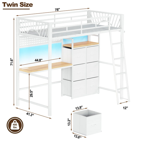 Twin Loft Bed with Desk, Storage Drawers & LED Lights