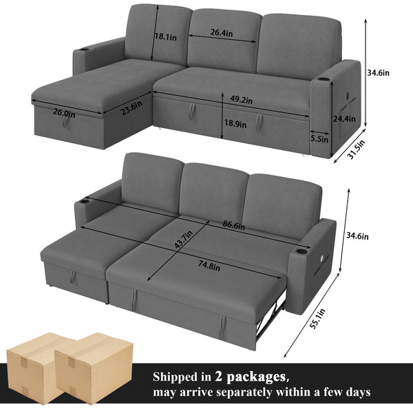 Sectional Sleeper Sofa Bed with Storage Chaise & Charging Station