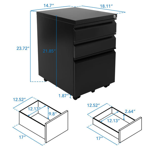 3-Drawer Rolling File Cabinet with Lock and Wheels