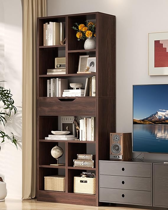 8-Tier Tall Narrow Bookshelf with Drawer