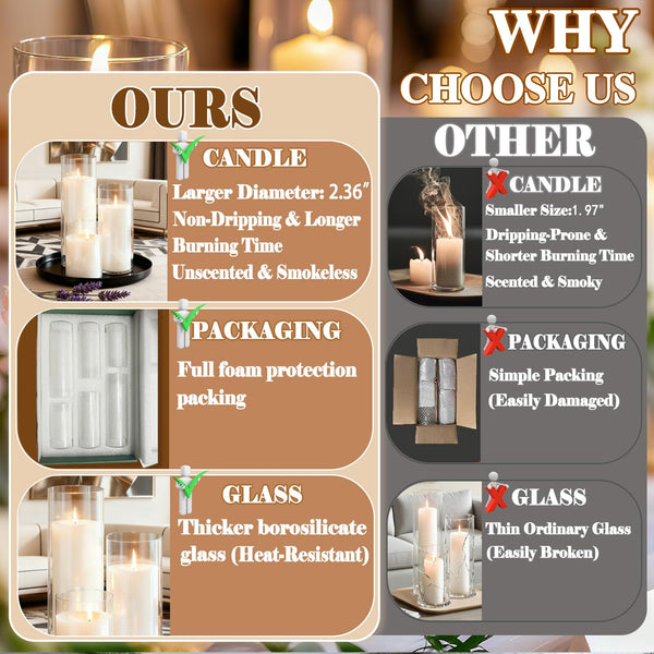 White Pillar Candles & Glass Cylinder Vases Set (24 Pcs)