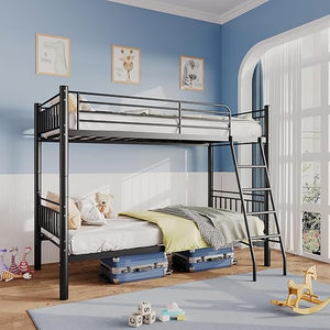 Metal Twin Over Full Bunk Bed with Stairs and Guardrails