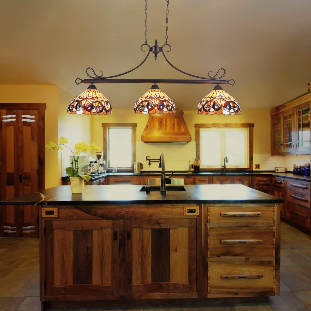 Tiffany Stained Glass Pendant Chandelier 3-Light 12" Wide – Cream Brown