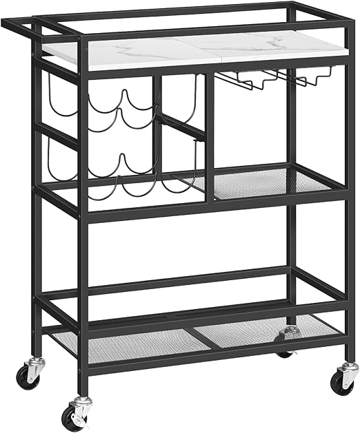 3-Tier Rolling Bar Cart with Wine Rack and Glass Holders