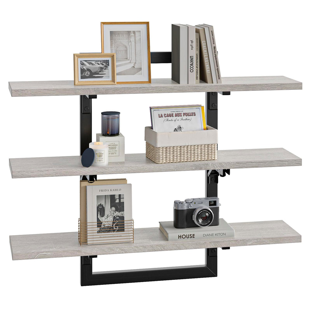 3-Tier Foldable Wall Mounted Floating Shelf with Industrial Metal Brackets